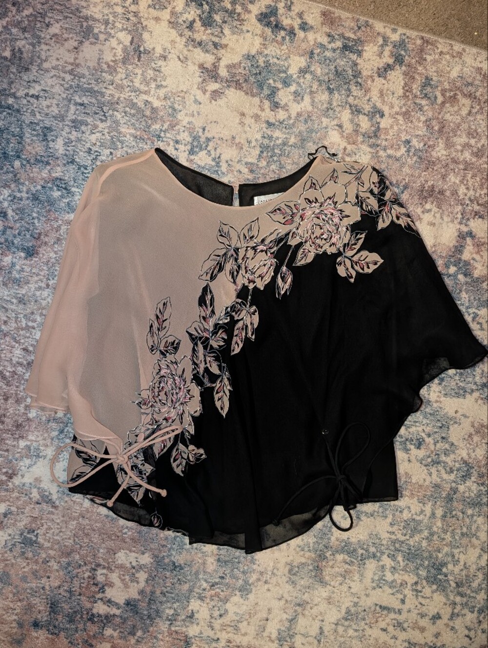 Adrianna Papell Pink Rose Silk Beaded Floral Poncho